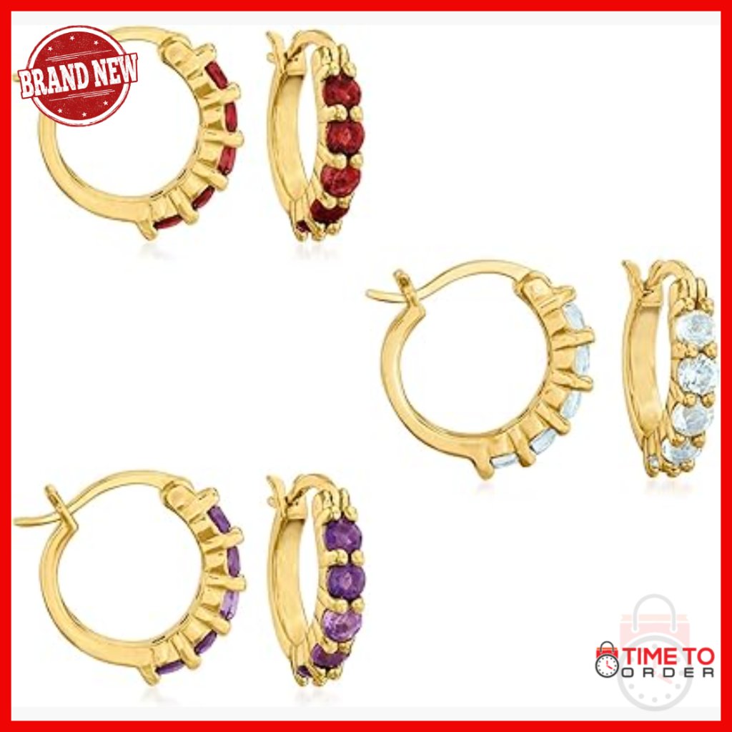Three Pair Gemstone Huggie Hoop Earrings 18kt Gold Over Sterling Silver